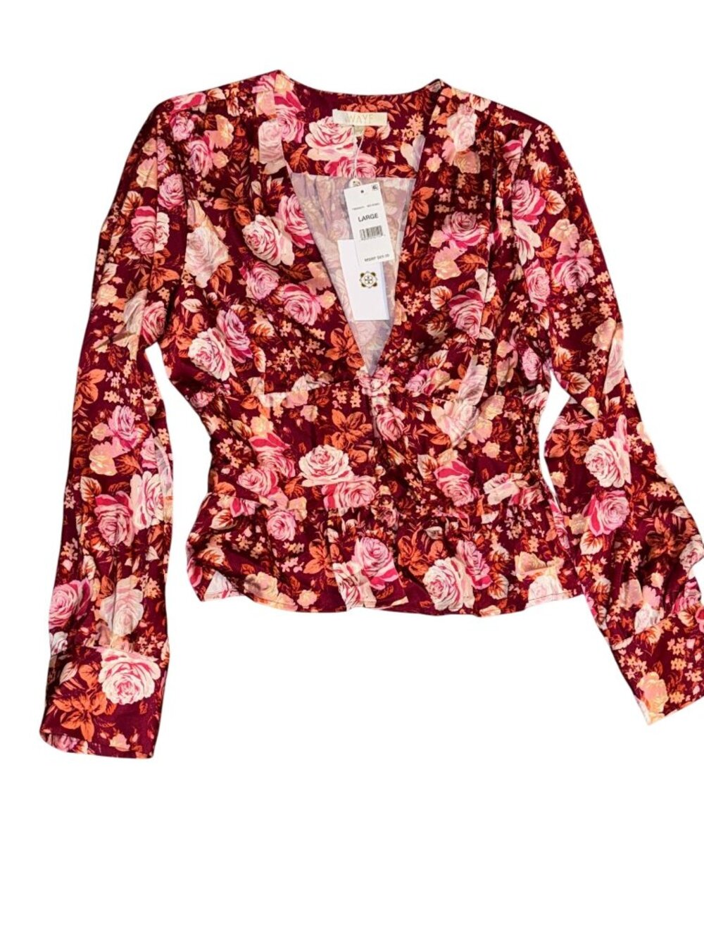 WAYF Womens Floral V-Neck Long Sleeve Blouse Large - Picture 2 of 10
